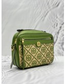 TORY BURCH T MONOGRAM STRAW CAMERA CROSSBODY BAG IN GREEN WOVEN JACQUARD STRAW WITH LEATHER