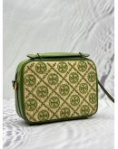 TORY BURCH T MONOGRAM STRAW CAMERA CROSSBODY BAG IN GREEN WOVEN JACQUARD STRAW WITH LEATHER
