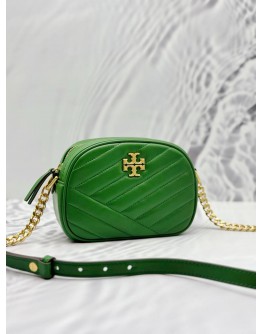 TORY BURCH KIRA CHEVRON CAMERA CROSSBODY BAG IN MALACHITE GREEN LEATHER