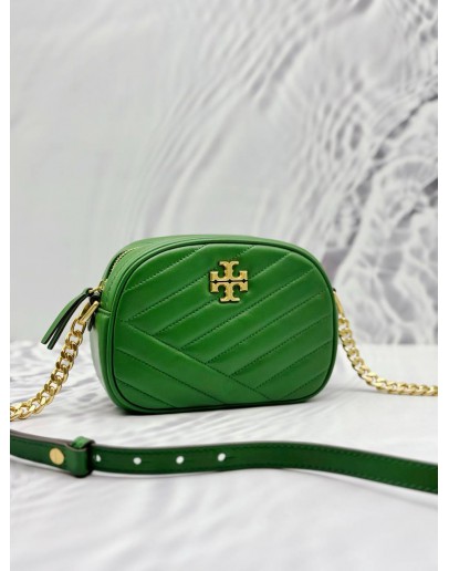 TORY BURCH KIRA CHEVRON CAMERA CROSSBODY BAG IN MALACHITE GREEN LEATHER
