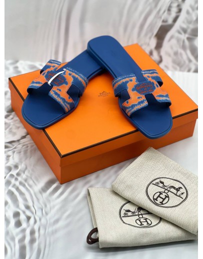 HERMES ORAN BRIDES DE GALA SANDALS SIZE 41 IN BLUE WITH ORANGE PRINTED CANVAS -FULL SET-