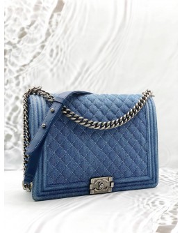 CHANEL BOY LARGE SHOULDER BAG IN BLUE DENIM