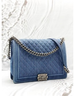 CHANEL BOY LARGE SHOULDER BAG IN BLUE DENIM