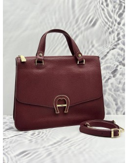 AIGNER LOGO TOTE BAG IN BURGUNDY LEATHER
