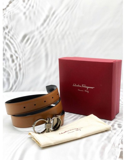SALVATORE FERRAGAMO GANCINI REVERSIBLE BELT SIZE 95CM IN BROWN WITH BLACK LEATHER -FULL SET-