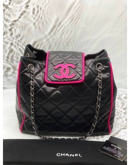 CHANEL BICOLOR CC DIVINE SHOPPER TOTE BAG IN BLACK WITH PINK LAMBSKIN LEATHER 