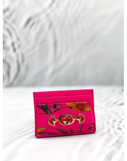(LIKE NEW) GUCCI FLORA ZUMI INTERLOCKING G HORSEBIT CARD HOLDER IN NEON PINK LEATHER