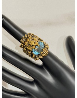 (LIKE NEW) GUCCI LION HEAD RING SIZE 16 IN ANTIQUED GOLD METAL WITH LIGHT BLUE CRYSTAL