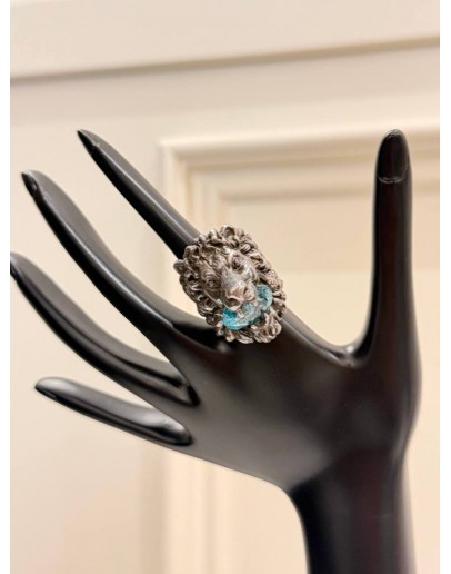 (LIKE NEW) GUCCI LION HEAD RING SIZE 16 IN ANTIQUED SILVER METAL WITH BLUE TURQUOISE CRYSTAL