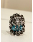 (LIKE NEW) GUCCI LION HEAD RING SIZE 16 IN ANTIQUED SILVER METAL WITH BLUE TURQUOISE CRYSTAL