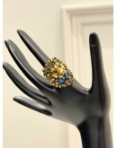 (LIKE NEW) GUCCI LION HEAD RING SIZE 16 IN ANTIQUED GOLD METAL WITH BLUE CRYSTAL