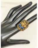 (LIKE NEW) GUCCI LION HEAD RING SIZE 16 IN ANTIQUED GOLD METAL WITH BLUE CRYSTAL
