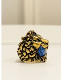 (LIKE NEW) GUCCI LION HEAD RING SIZE 16 IN ANTIQUED GOLD METAL WITH BLUE CRYSTAL