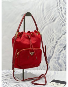 (LIKE NEW) PRADA DUET RE-NYLON BUCKET BAG IN RED NYLON WITH LEATHER