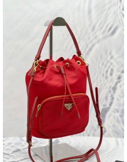 (LIKE NEW) PRADA DUET RE-NYLON BUCKET BAG IN RED NYLON WITH LEATHER