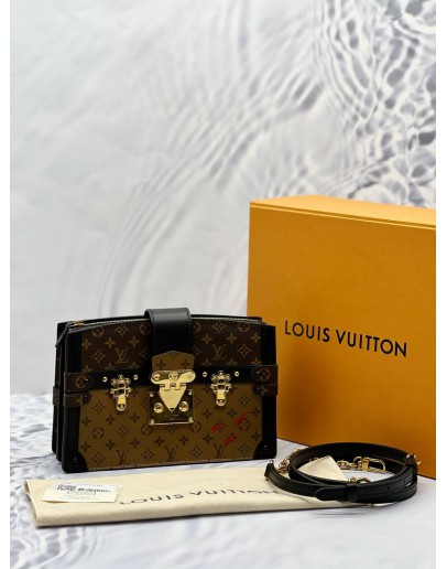 (LIKE NEW) LOUIS VUITTON TRUNK CLUTCH IN BROWN MONOGRAM REVERSE CANVAS WITH BLACK LEATHER -FULL SET- 