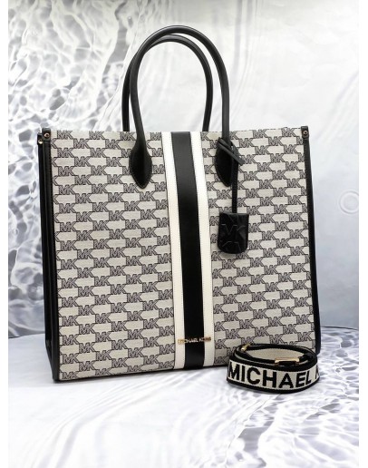 (PROMO) (LIKE NEW) MICHAEL KORS MIRELLA LARGE STRIPED TOTE BAG IN BLACK AND WHITE JACQUARD WITH CALFSKIN LEATHER