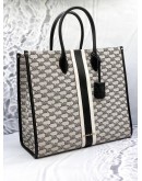 (PROMO) (LIKE NEW) MICHAEL KORS MIRELLA LARGE STRIPED TOTE BAG IN BLACK AND WHITE JACQUARD WITH CALFSKIN LEATHER