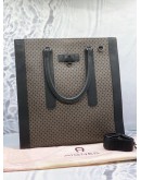 (PROMO) (LIKE NEW) AIGNER THE CORE LAPTOPFACH TOTE BAG IN DADINO BROWN CANVAS WITH BLACK CALFSKIN LEATHER