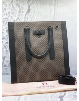 (PROMO) (LIKE NEW) AIGNER THE CORE LAPTOPFACH TOTE BAG IN DADINO BROWN CANVAS WITH BLACK CALFSKIN LEATHER