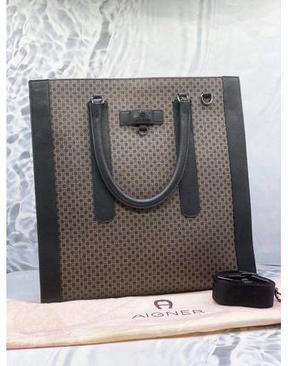 (PROMO) (LIKE NEW) AIGNER THE CORE LAPTOPFACH TOTE BAG IN DADINO BROWN CANVAS WITH BLACK CALFSKIN LEATHER