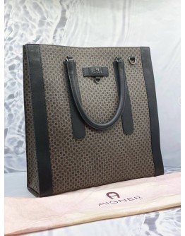 (PROMO) (LIKE NEW) AIGNER THE CORE LAPTOPFACH TOTE BAG IN DADINO BROWN CANVAS WITH BLACK CALFSKIN LEATHER