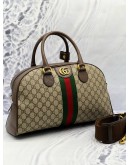 GUCCI OPHIDIA TOP HANDLE BAG IN BEIGE GG SUPREME CANVAS WITH BROWN LEATHER