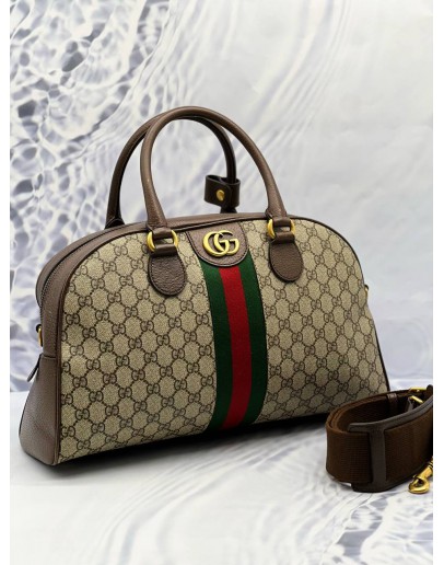 GUCCI OPHIDIA TOP HANDLE BAG IN BEIGE GG SUPREME CANVAS WITH BROWN LEATHER