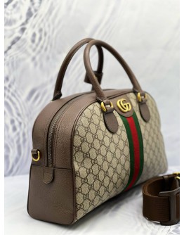 GUCCI OPHIDIA TOP HANDLE BAG IN BEIGE GG SUPREME CANVAS WITH BROWN LEATHER