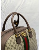 GUCCI OPHIDIA TOP HANDLE BAG IN BEIGE GG SUPREME CANVAS WITH BROWN LEATHER