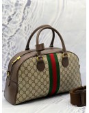 GUCCI OPHIDIA TOP HANDLE BAG IN BEIGE GG SUPREME CANVAS WITH BROWN LEATHER