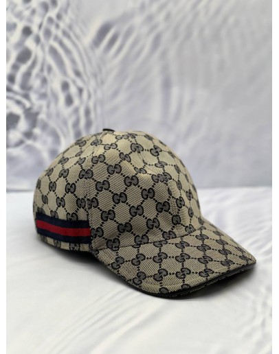 GUCCI BASEBALL CAP SIZE M IN BEIGE AND BLUE GG CANVAS WITH BLUE AND RED WEB STRIPE