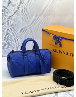 (LIKE NEW) LOUIS VUITTON KEEPALL BANDOULIERE 25 IN RACING BLUE MONOGRAM TAURILLON LEATHER -FULL SET-