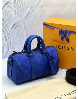 (LIKE NEW) LOUIS VUITTON KEEPALL BANDOULIERE 25 IN RACING BLUE MONOGRAM TAURILLON LEATHER -FULL SET-