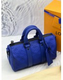 (LIKE NEW) LOUIS VUITTON KEEPALL BANDOULIERE 25 IN RACING BLUE MONOGRAM TAURILLON LEATHER -FULL SET-