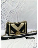 CHANEL BOY SMALL CHEVRON SHOULDER BAG IN BLACK WITH GOLD CALFSKIN LEATHER 