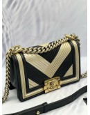 CHANEL BOY SMALL CHEVRON SHOULDER BAG IN BLACK WITH GOLD CALFSKIN LEATHER 