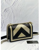 CHANEL BOY SMALL CHEVRON SHOULDER BAG IN BLACK WITH GOLD CALFSKIN LEATHER 