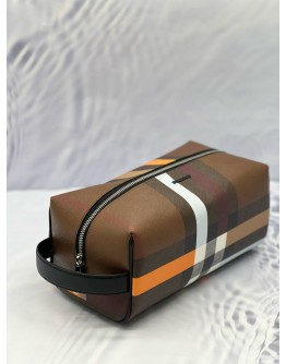 (LIKE NEW) BURBERRY TRAVEL POUCH IN BROWN MULTICOLOR CHECK CANVAS