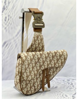(LIKE NEW) CHRISTIAN DIOR X CACTUS JACK SADDLE BAG IN BEIGE WITH BROWN OBLIQUE JACQUARD