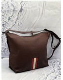 BALLY MYTHOS CROSSBODY BAG IN BROWN WITH RED AND WHITE STRIPE LEATHER
