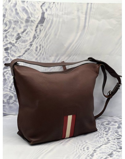 BALLY MYTHOS CROSSBODY BAG IN BROWN WITH RED AND WHITE STRIPE LEATHER