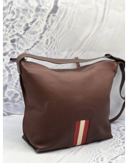 BALLY MYTHOS CROSSBODY BAG IN BROWN WITH RED AND WHITE STRIPE LEATHER