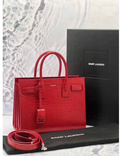 (LIKE NEW) YSL SAINT LAURENT SAC DE JOUR IN RED CROCODILE EMBOSSED LEATHER -FULL SET- 