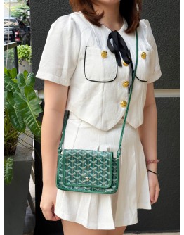 (LIKE NEW) GOYARD PLUMET POCKET WALLET CROSSBODY BAG IN GREEN GOYARDINE CANVAS WITH CHEVROCHES CALFSKIN LEATHER