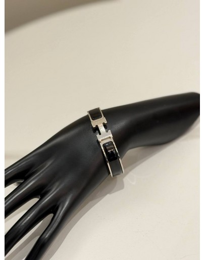 (LIKE NEW) HERMES CLIC H BRACELET IN PALLADIUM PLATED WITH BLACK ENAMEL