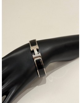 (LIKE NEW) HERMES CLIC H BRACELET IN PALLADIUM PLATED WITH BLACK ENAMEL