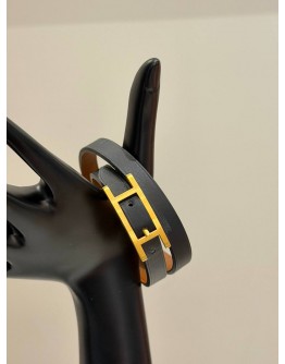 (LIKE NEW) HERMES BEHAPI DOUBLE TOUR BRACELET IN NOIR CHAMONIX WITH FAUVE TADELAKT CALFSKIN LEATHER AND GOLD PLATED