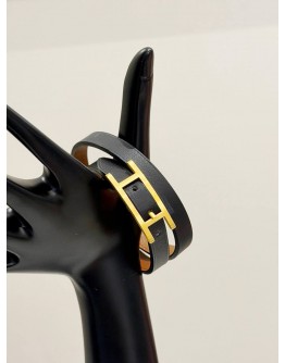 (LIKE NEW) HERMES BEHAPI DOUBLE TOUR BRACELET IN NOIR CHAMONIX WITH FAUVE TADELAKT CALFSKIN LEATHER AND GOLD PLATED