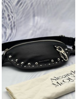 ALEXANDER MCQUEEN HARNESS STUDDED BELT BAG IN BLACK CALFSKIN LEATHER